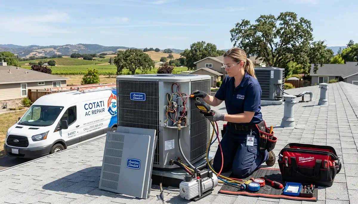 HVAC technician performing AC repair service in Santa Rosa, CA home