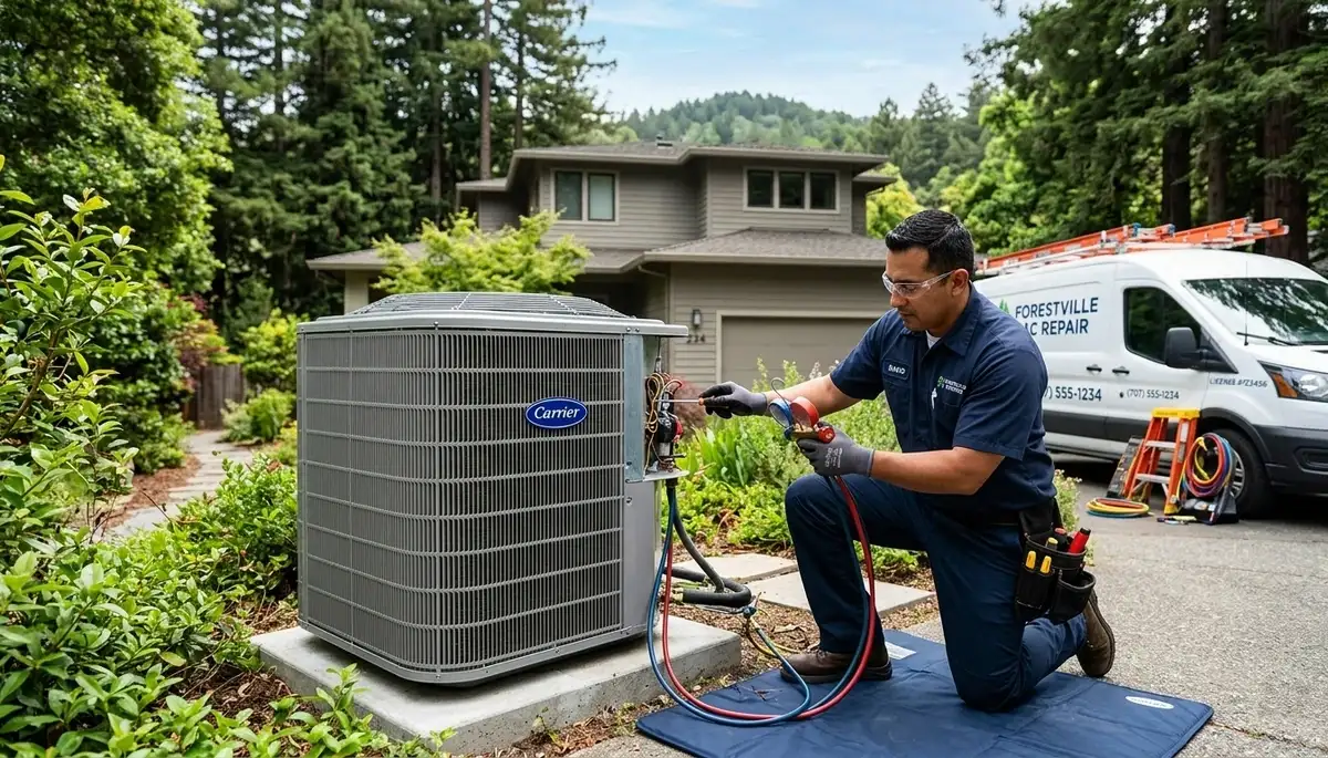 HVAC technician performing AC repair service in Santa Rosa, CA home