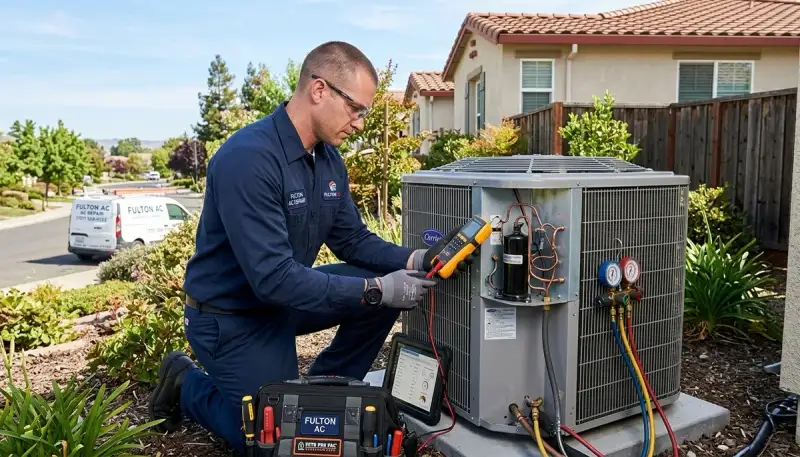 HVAC technician performing AC repair service in Santa Rosa, CA home