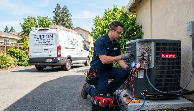 HVAC technician performing AC repair service in Santa Rosa, CA home