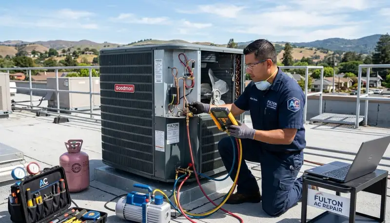 Professional AC repair technician servicing air conditioner in Santa Rosa, CA home