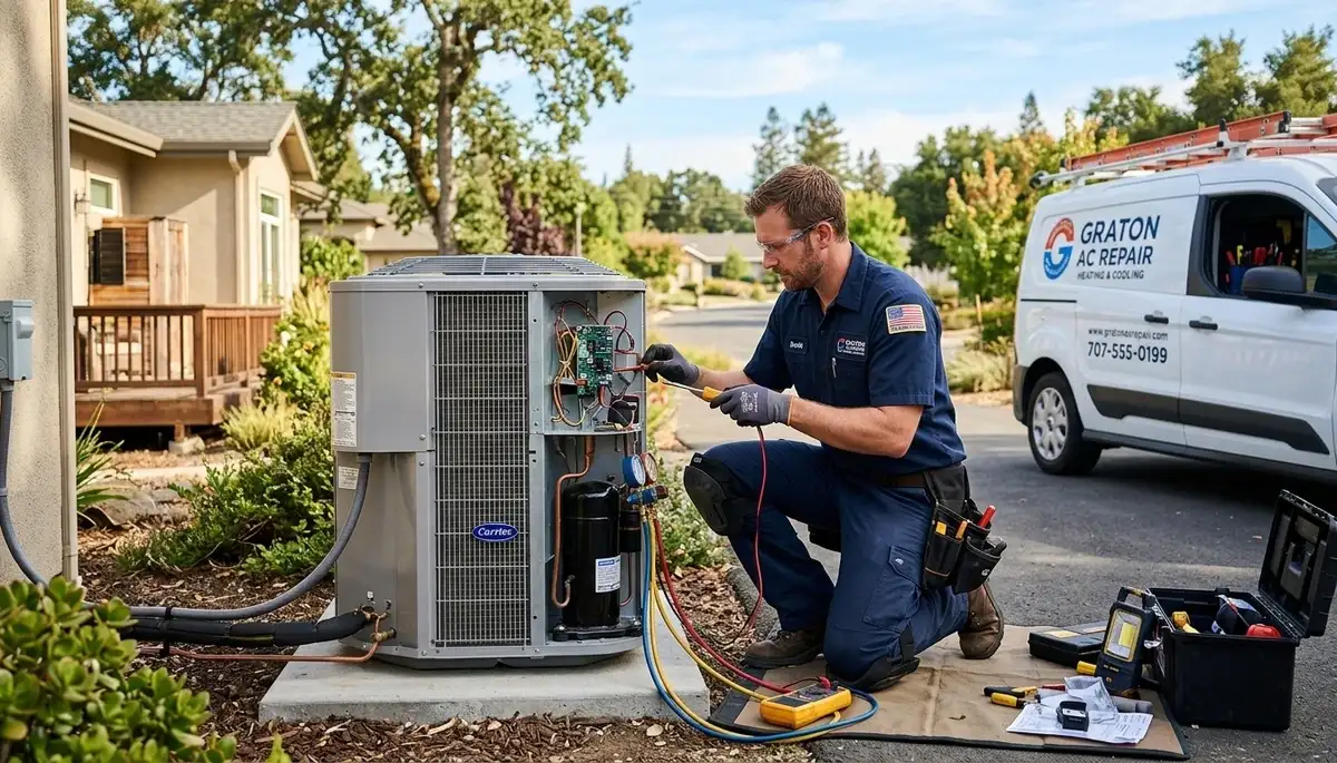 HVAC technician performing residential AC repair service in Santa Rosa, CA
