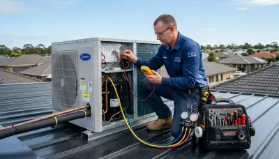 Technician performing AC repair in Santa Rosa, CA home for Five Star Cooling service