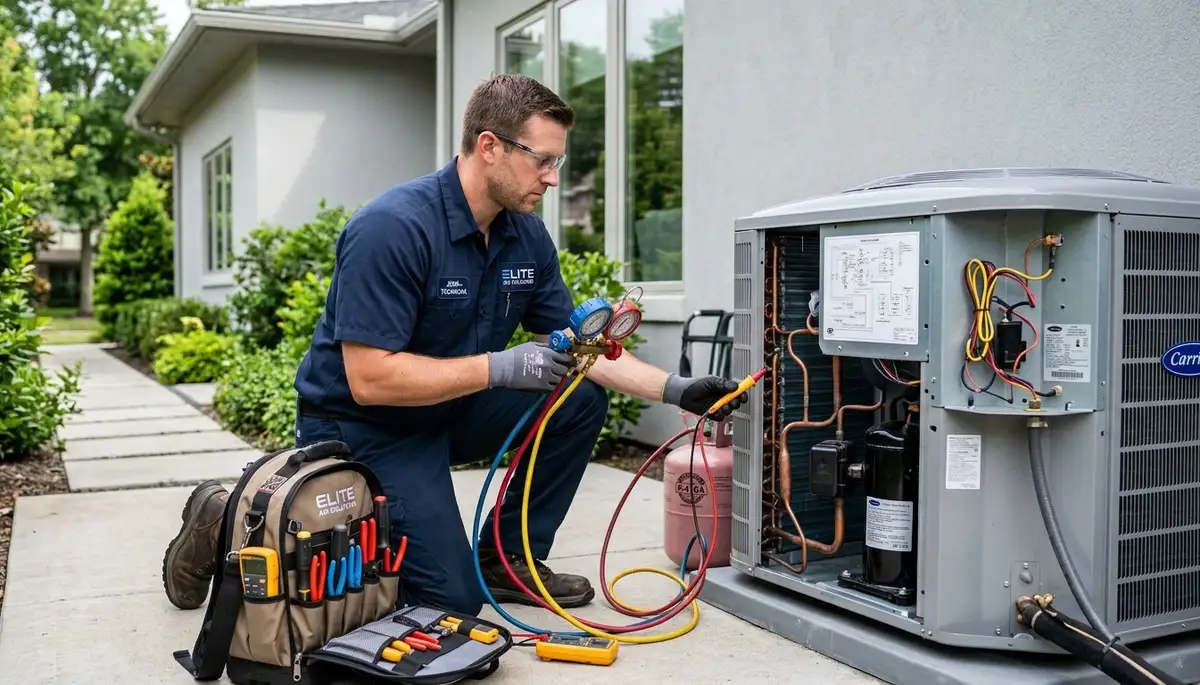 Technician fixing residential AC unit in Santa Rosa, CA for Five Star Cooling repair service