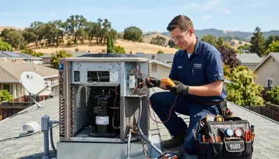 Professional AC repair technician servicing air conditioner unit in Santa Rosa, CA home