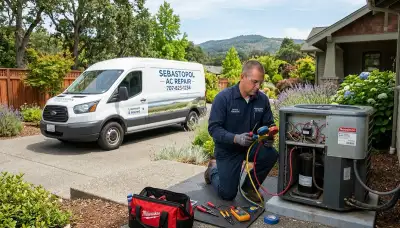 Professional AC repair technician servicing air conditioner unit in Santa Rosa, CA