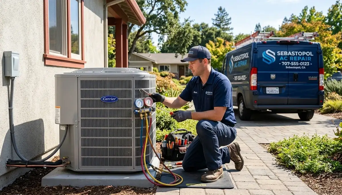 HVAC technician performing AC repair service in Santa Rosa, CA home