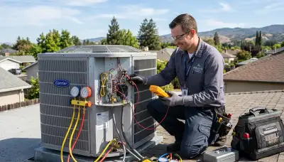 HVAC technician performing AC repair service in Santa Rosa, CA home