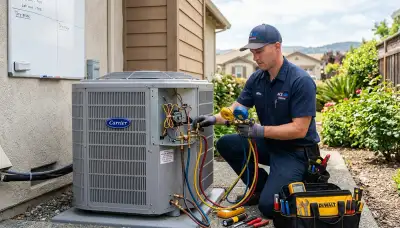 HVAC technician performing AC repair service in Santa Rosa, CA home