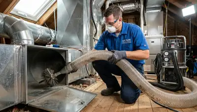 Technician performing air duct cleaning service in Santa Rosa, CA for Five Star Cooling