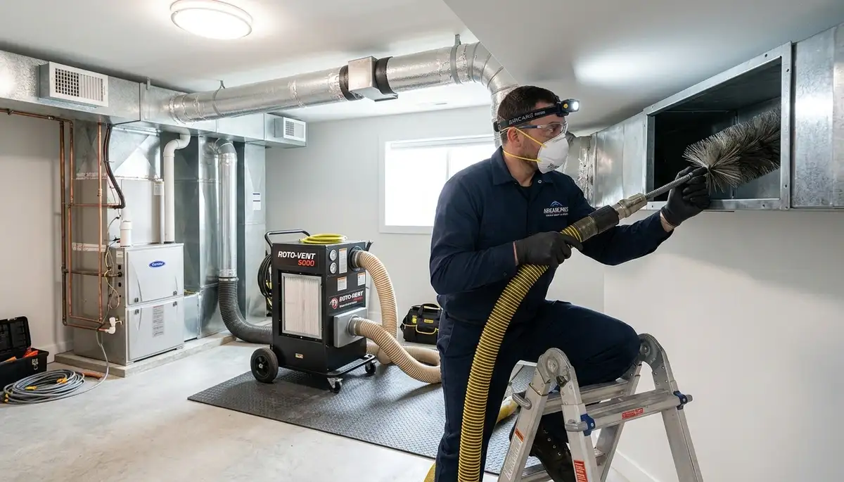 Technician cleaning air ducts for HVAC system in Santa Rosa, CA home by Five Star Cooling