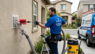 Technician cleaning dryer vent for improved airflow in Santa Rosa, CA home