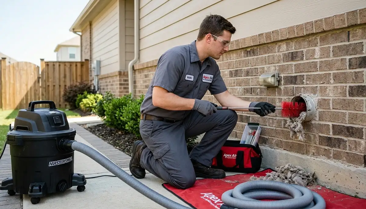 Technician cleaning dryer vent for residential AC system in Santa Rosa, CA