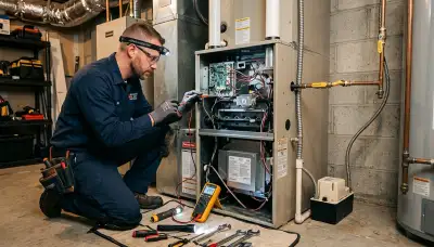 Technician performing furnace repair in Santa Rosa, CA for Five Star Cooling heating service