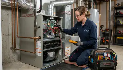 Technician performing furnace repair in Santa Rosa, CA for Five Star Cooling heating service