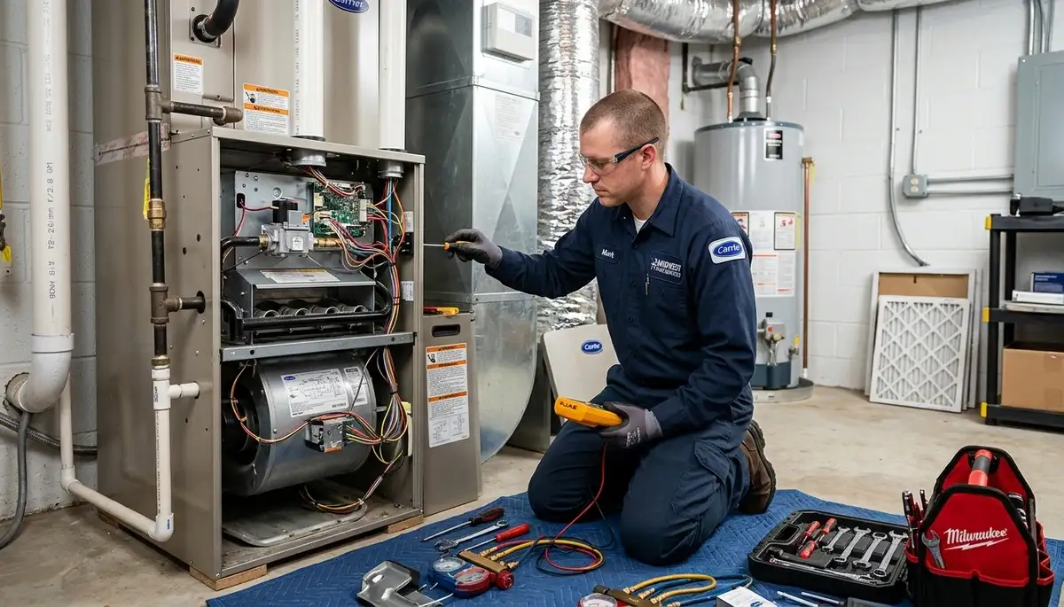 Technician performing furnace repair service in Santa Rosa, CA for Five Star Cooling