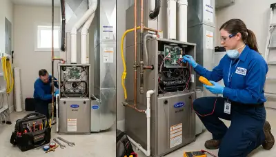 Technician performing furnace and heating repair service in Santa Rosa, CA home