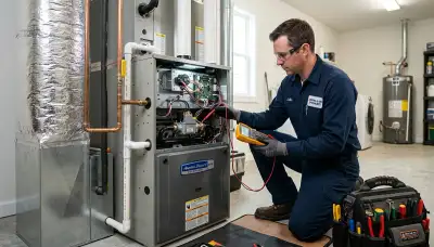 Technician performing heating repair on furnace in Santa Rosa, CA home
