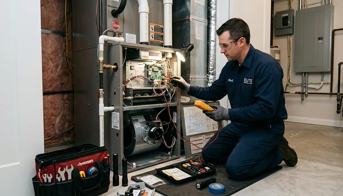 Technician performing heating repair in Santa Rosa, CA for Five Star Cooling furnace service