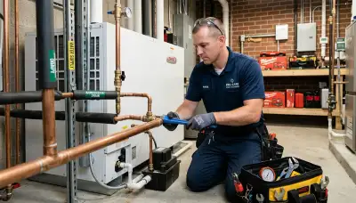Plumber repairing pipe under sink in Santa Rosa, CA home | Five Star Cooling plumbing services