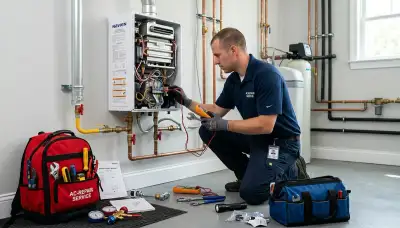 Technician repairing water heater unit in Santa Rosa, CA home for Five Star Cooling service page