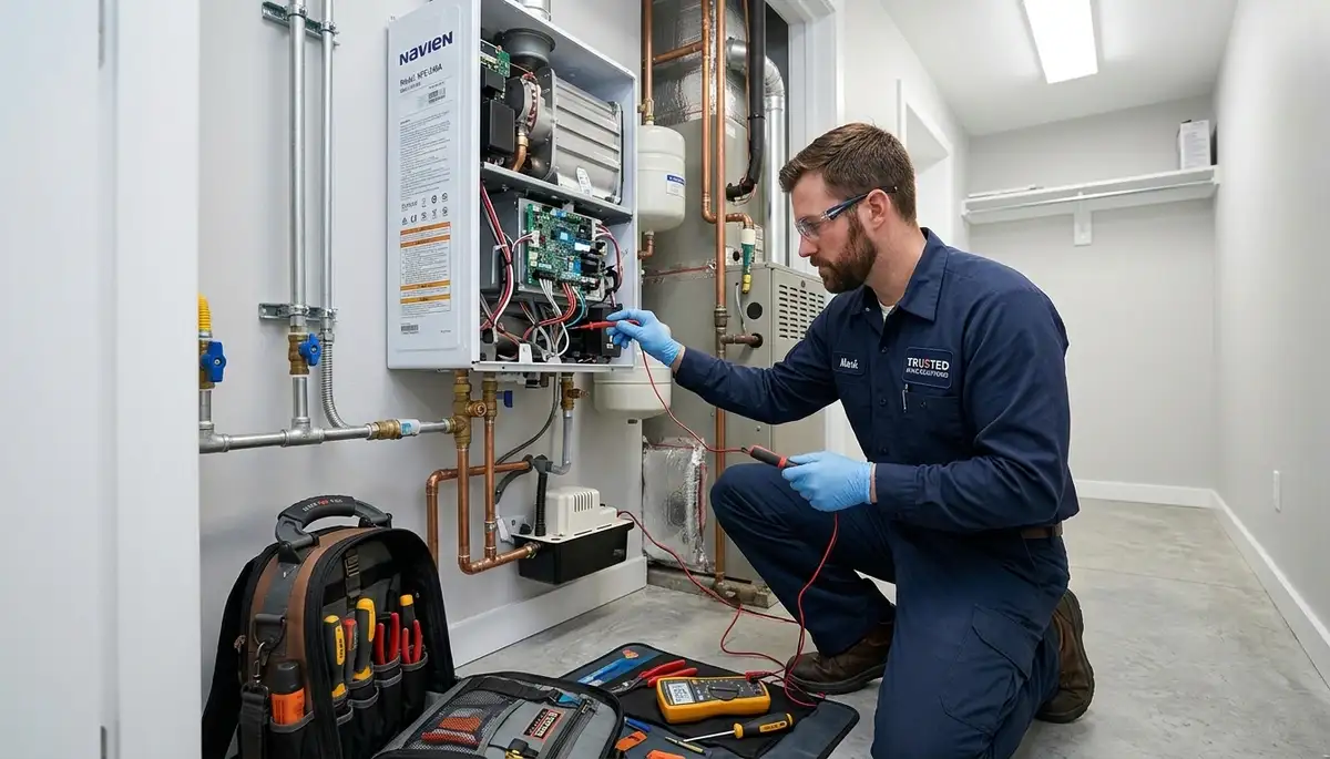 Technician repairing residential water heater unit in Santa Rosa, CA for Five Star Cooling service
